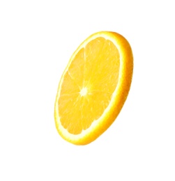 Photo of Slice of ripe orange on white background