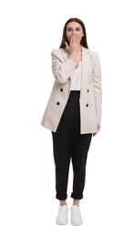 Beautiful emotional businesswoman in suit on white background