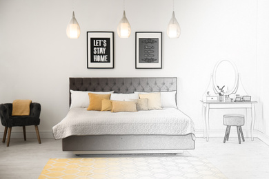 Image of Stylish room with large comfortable bed. Illustrated interior design