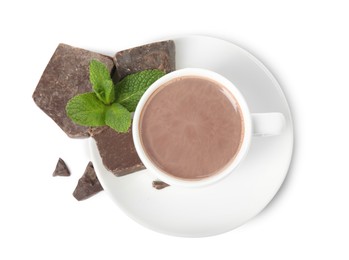 Photo of Cup of delicious hot chocolate, chunks and fresh mint on white background, top view