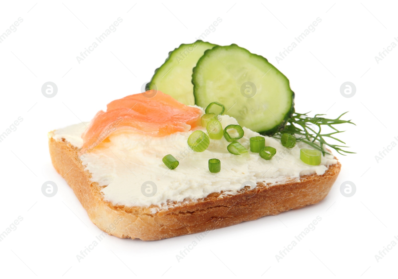 Photo of Delicious sandwich with cream cheese, salmon, cucumber and herbs isolated on white