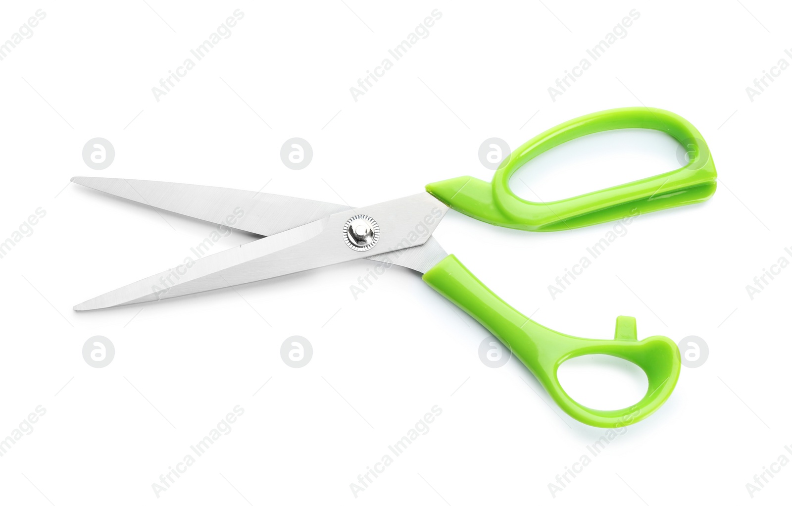 Photo of Pair of sharp scissors on white background