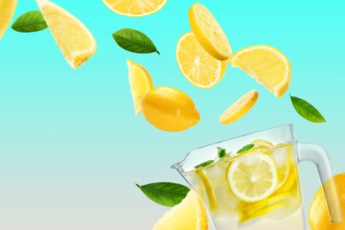 Image of Glass jug with natural lemonade, fruits and green leaves flying on color background