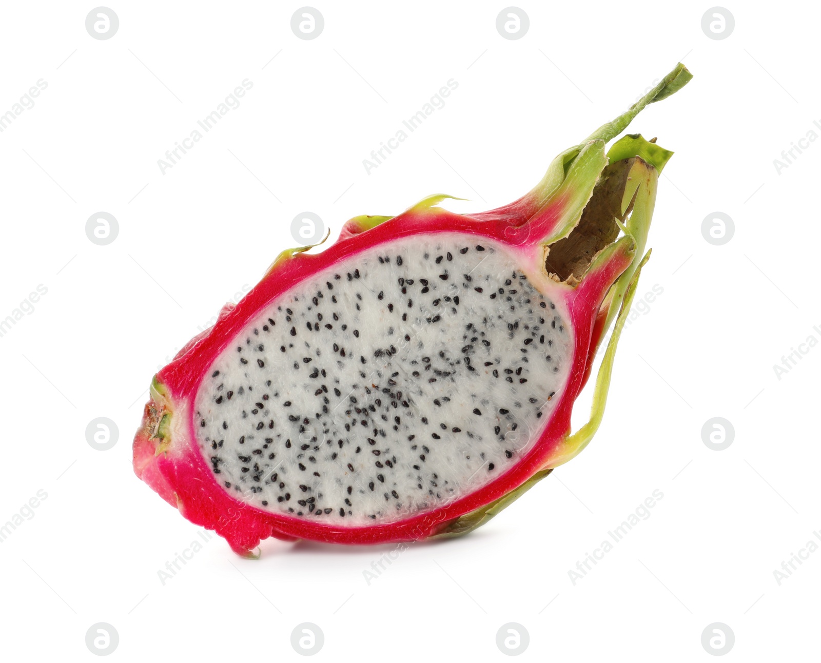 Photo of Half of delicious dragon fruit (pitahaya) isolated on white