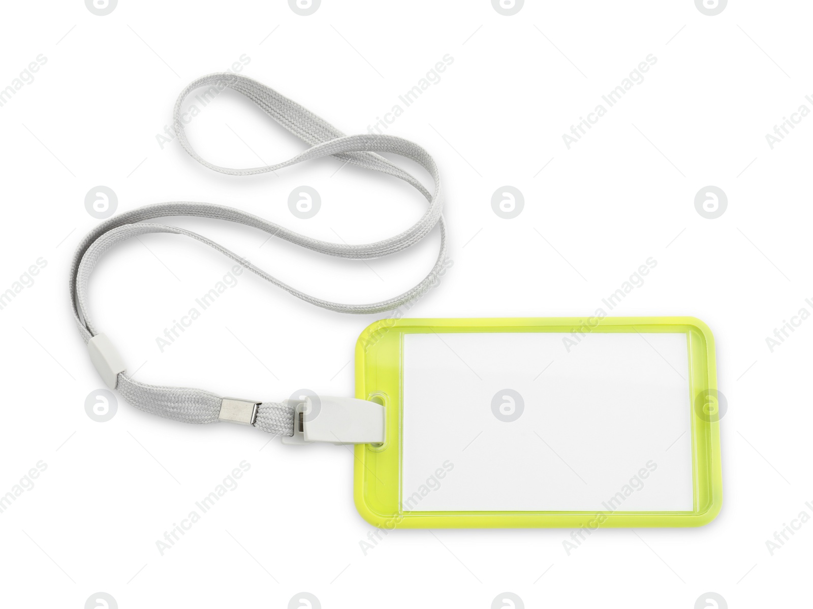 Photo of Blank yellow badge with string isolated on white, top view