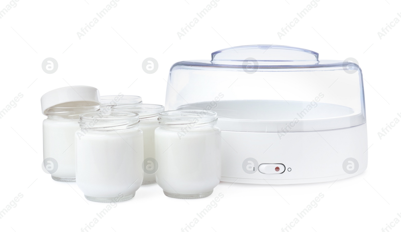 Photo of Modern yogurt maker with full jars on white background