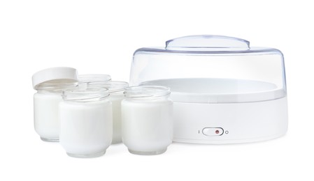 Photo of Modern yogurt maker with full jars on white background