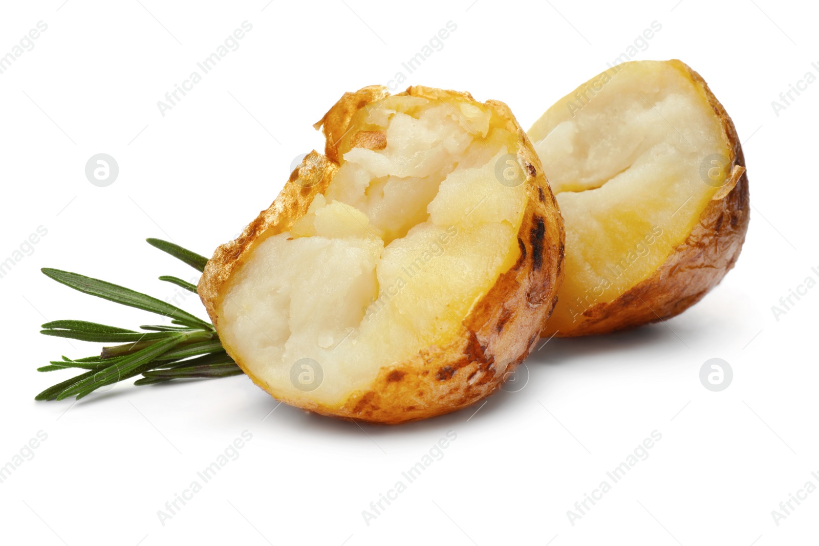 Photo of Tasty pieces of baked potato and rosemary on white background
