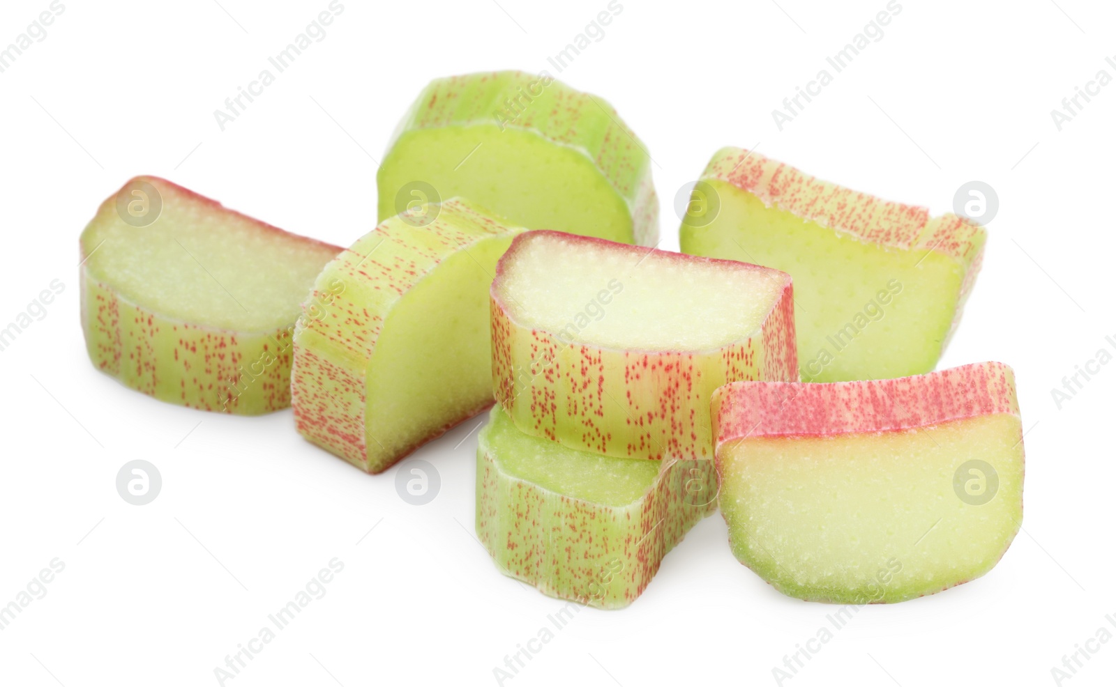 Photo of Pieces of fresh ripe rhubarb stalks isolated on white