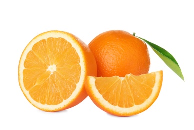 Photo of Fresh ripe oranges isolated on white. Citrus fruit