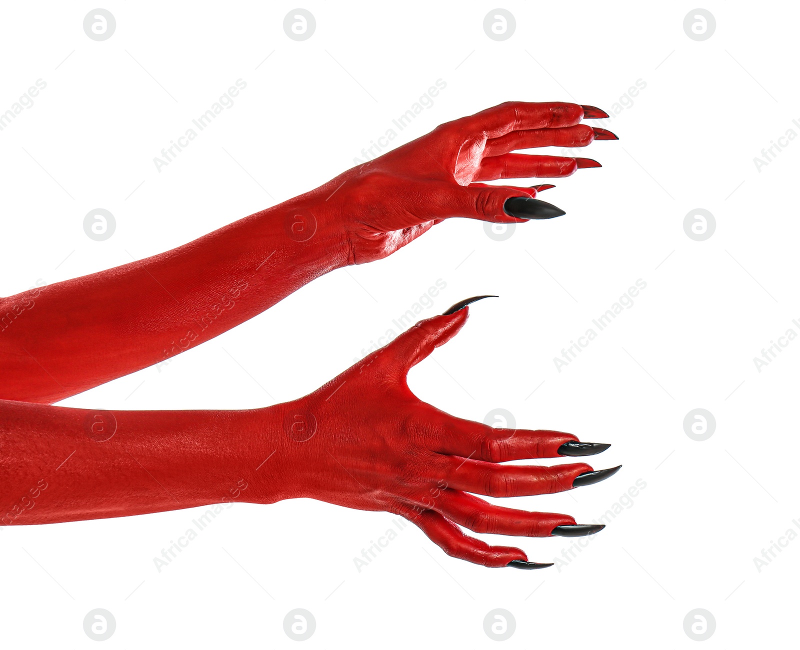 Photo of Scary monster on white background, closeup of hands. Halloween character