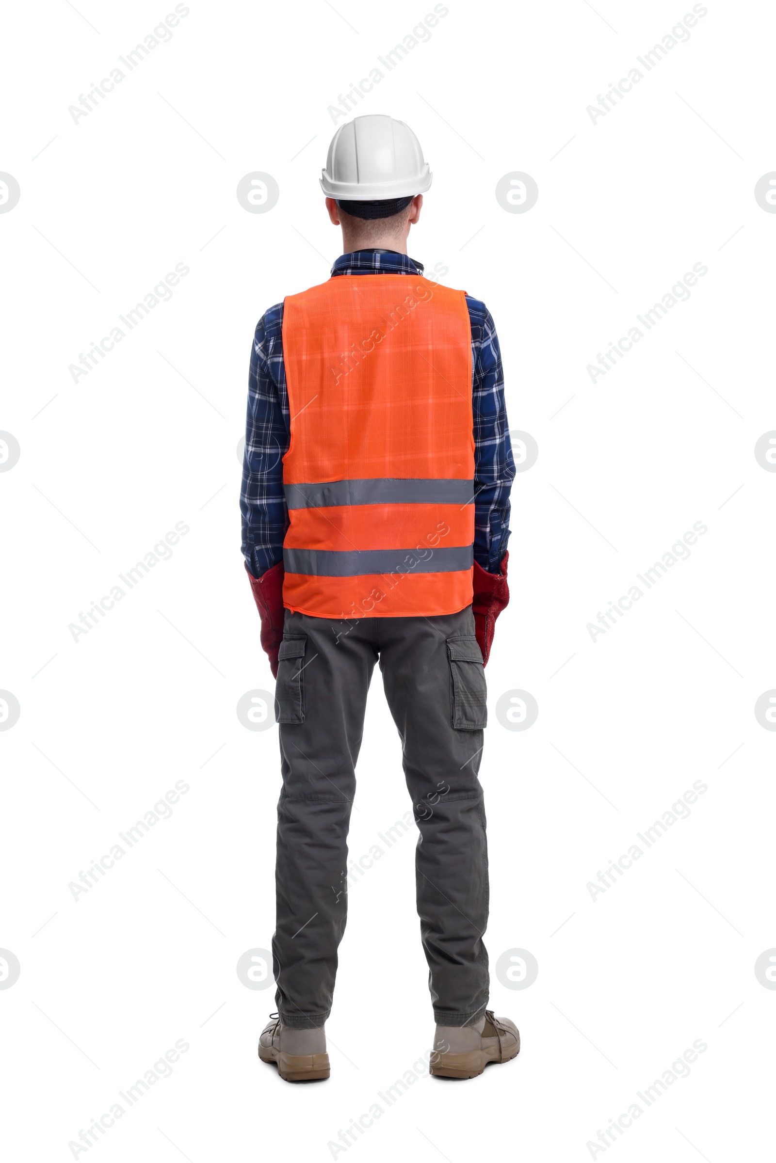 Photo of Young man wearing safety equipment on white background, back view