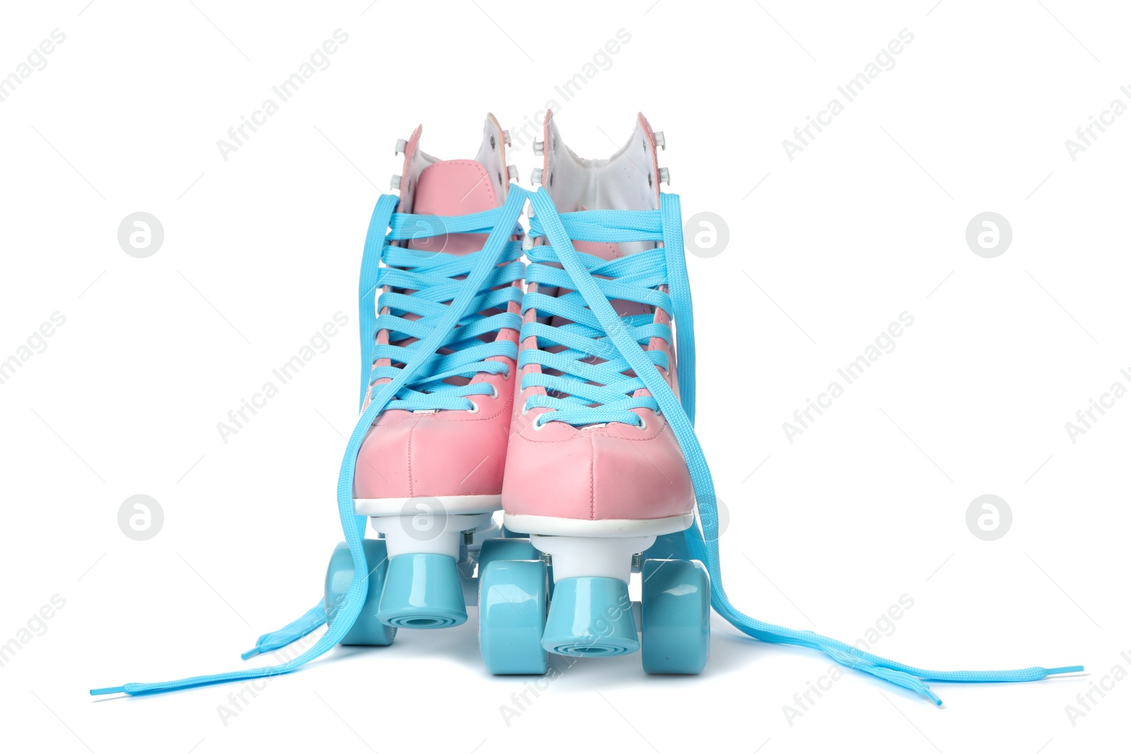 Photo of Pair of bright stylish roller skates on white background