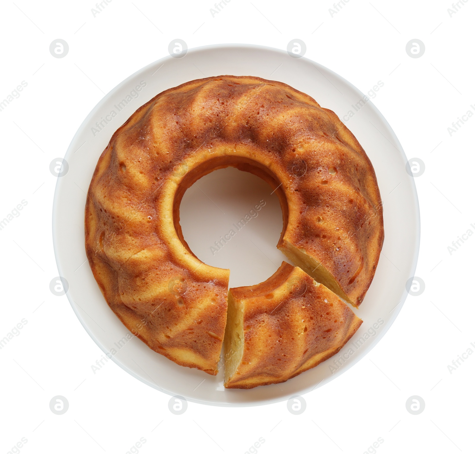 Photo of Delicious homemade yogurt cake on white background, top view