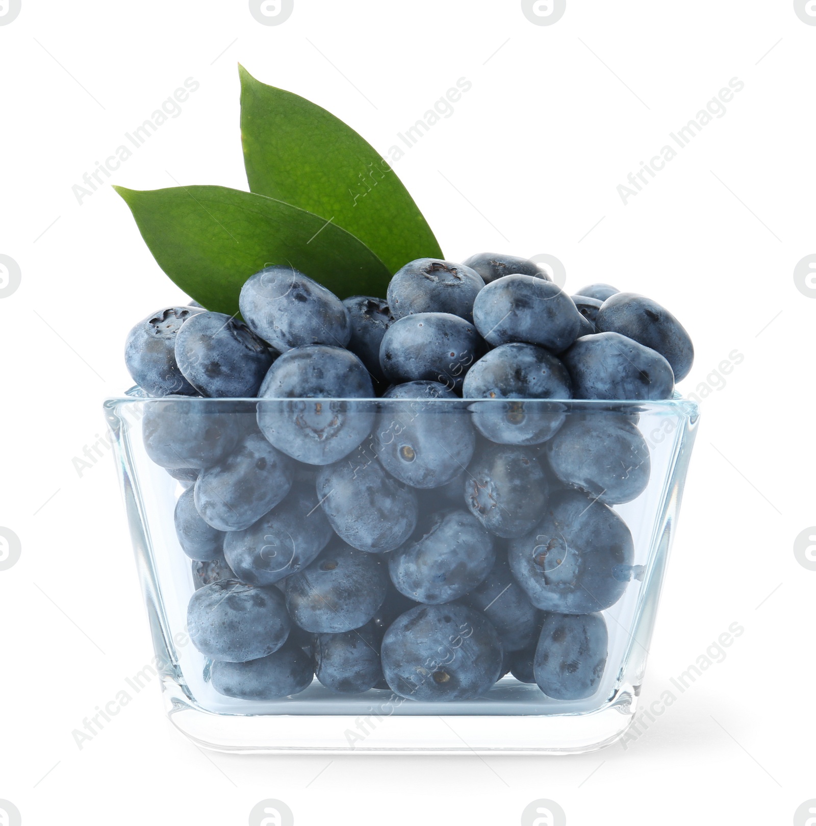 Photo of Bowl full of fresh ripe blueberries on white background