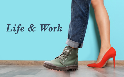 Image of Woman in different shoes, closeup. Concept of balance between work and life 