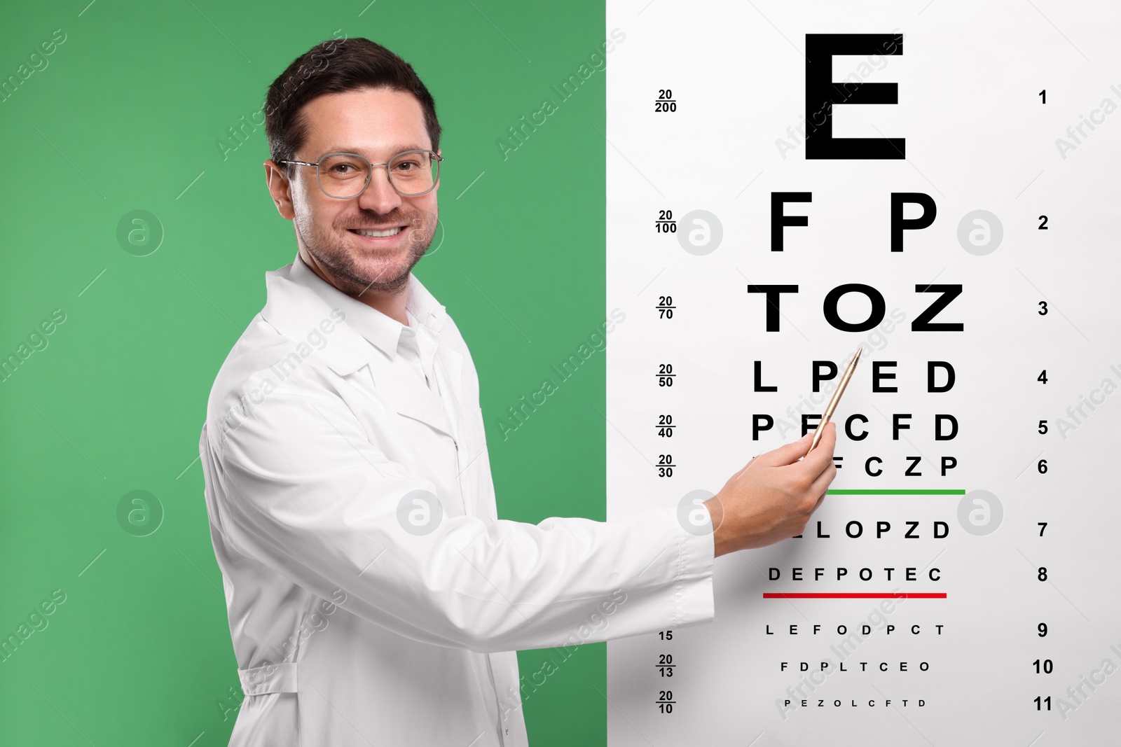 Image of Ophthalmologist pointing at vision test chart on green background