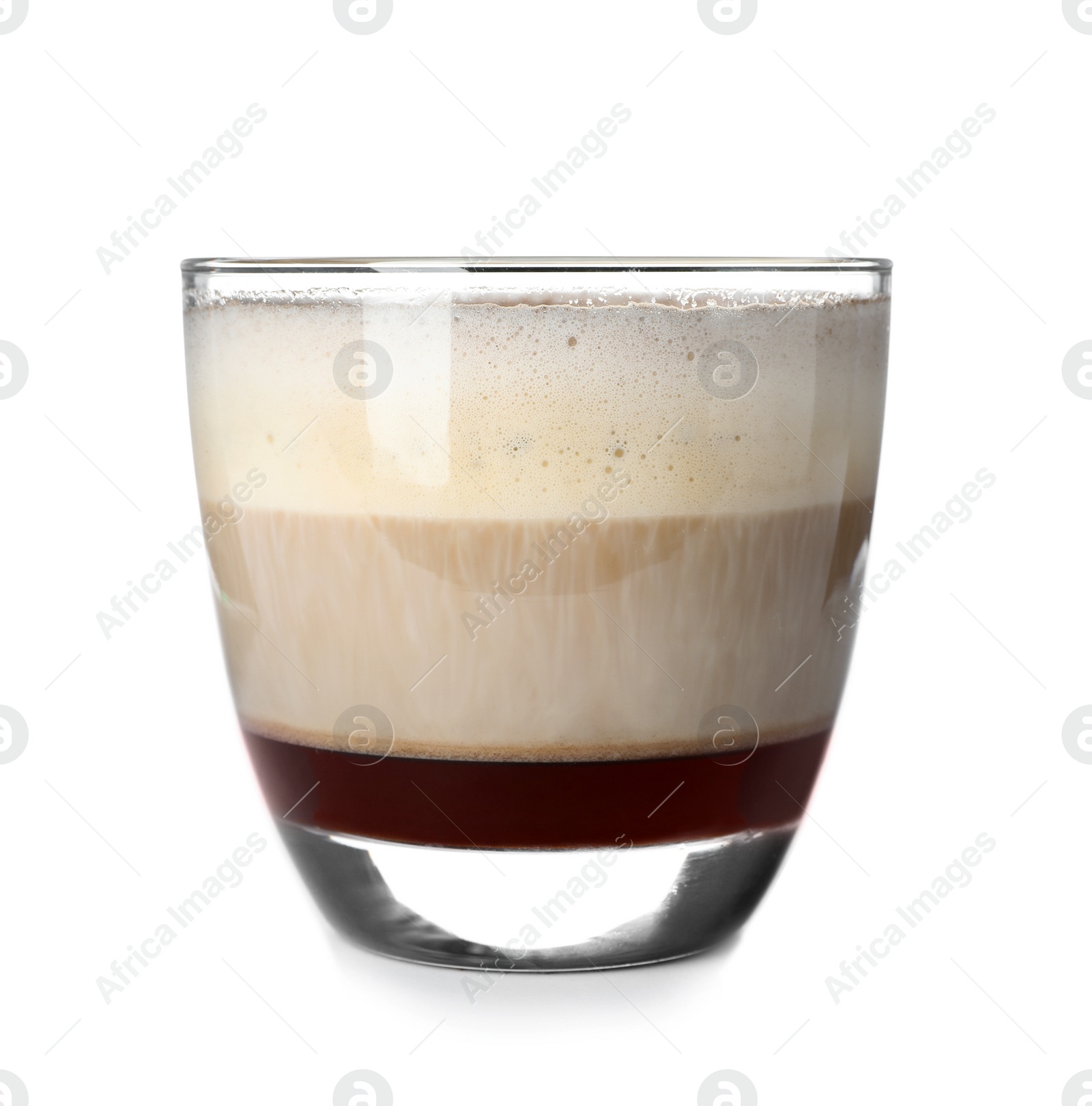 Photo of Glass with coffee and milk foam isolated on white