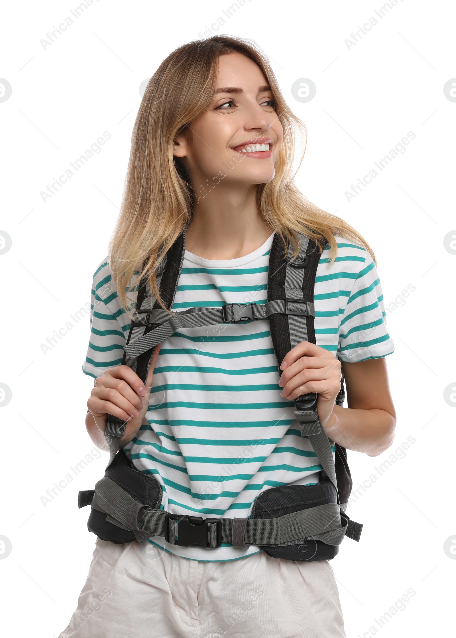 Photo of Woman with backpack on white background. Summer travel