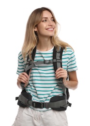 Woman with backpack on white background. Summer travel