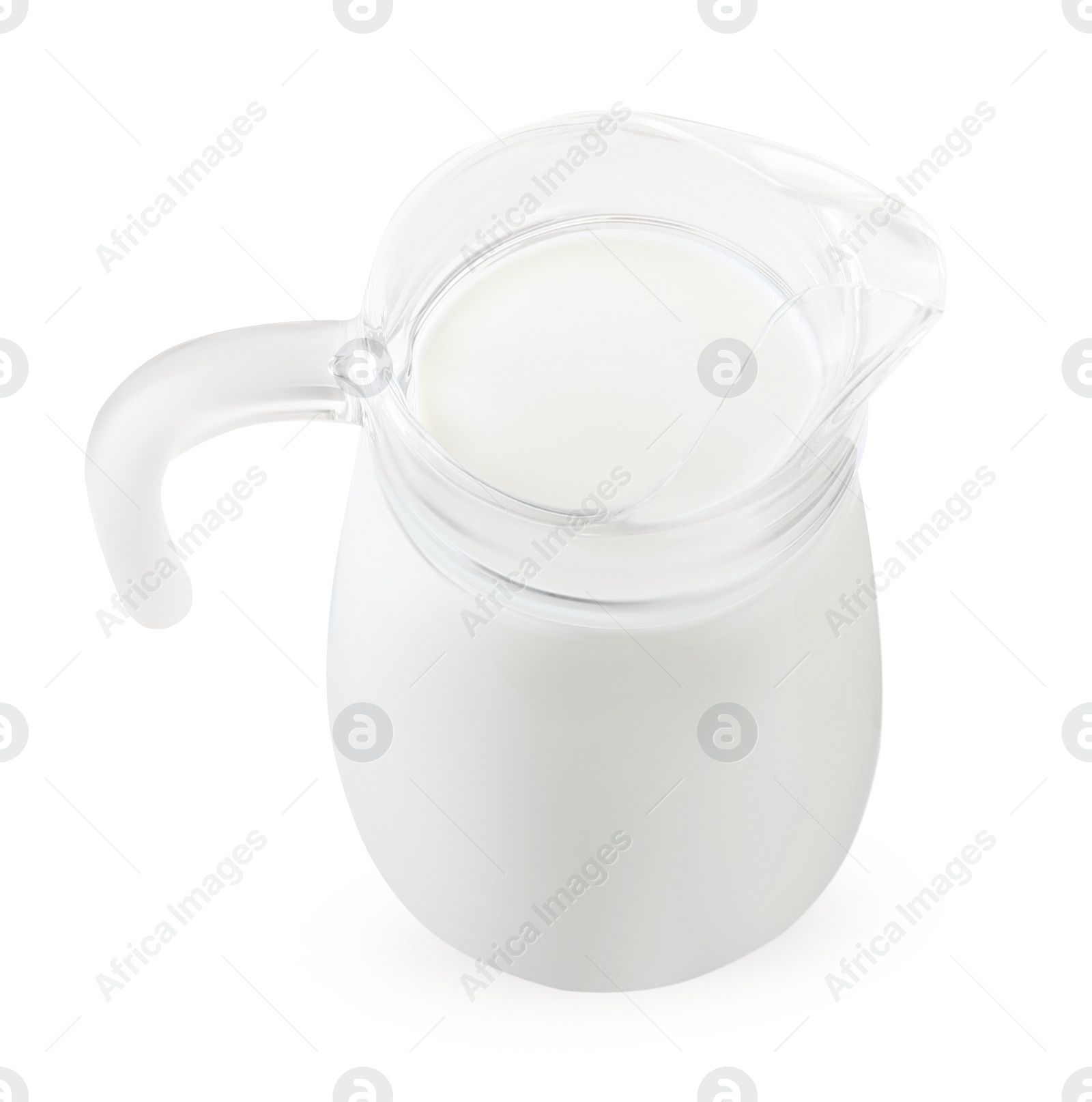 Photo of One jug of fresh milk isolated on white, above view