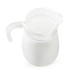 One jug of fresh milk isolated on white, above view