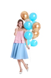 Photo of Young woman with air balloons on white background