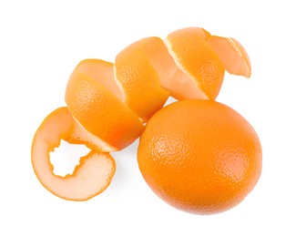 Photo of Fresh orange with zest preparing for drying isolated on white, top view