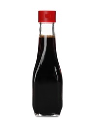 Photo of Bottle of tasty soy sauce isolated on white