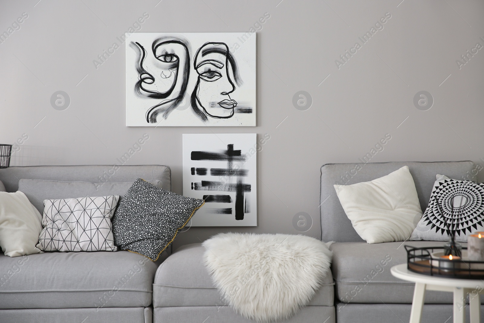 Photo of Cozy living room interior with big grey sofa