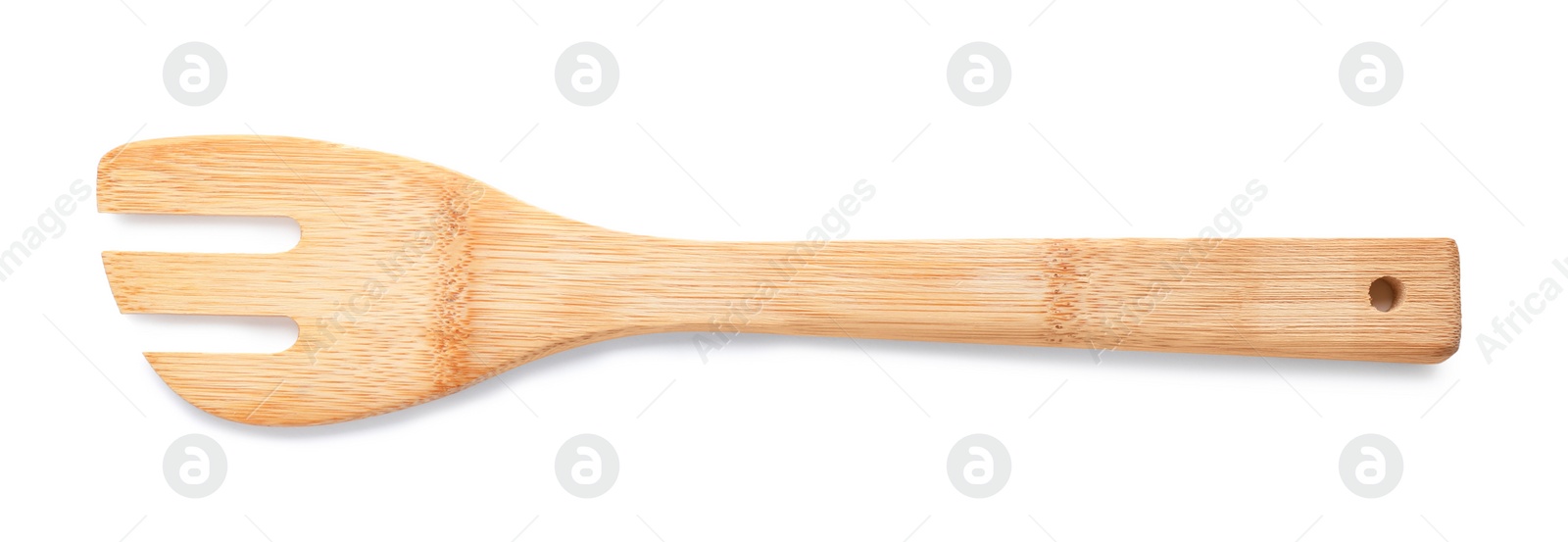 Photo of Kitchen utensil made of bamboo on white background, top view