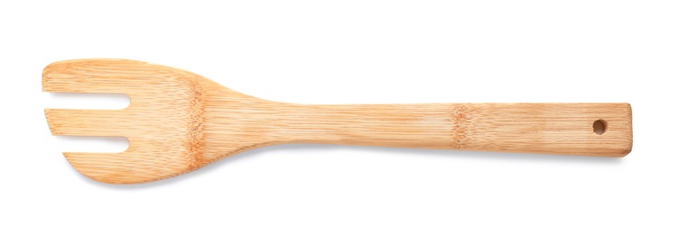 Photo of Kitchen utensil made of bamboo on white background, top view