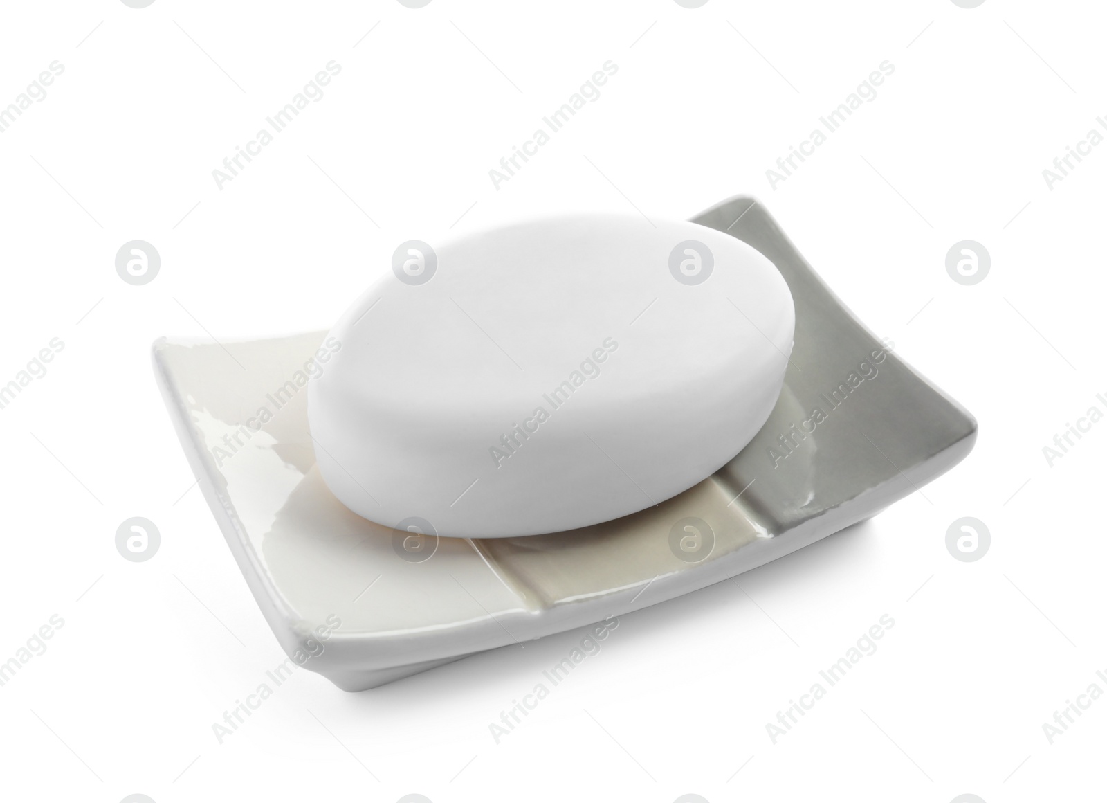 Photo of Holder with soap bar on white background