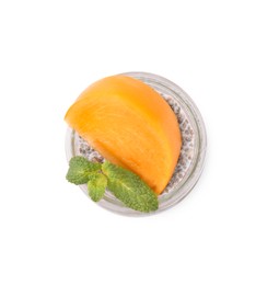 Delicious dessert with persimmon and chia seeds isolated on white, top view