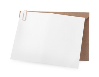 Blank card and letter envelope isolated on white, top view