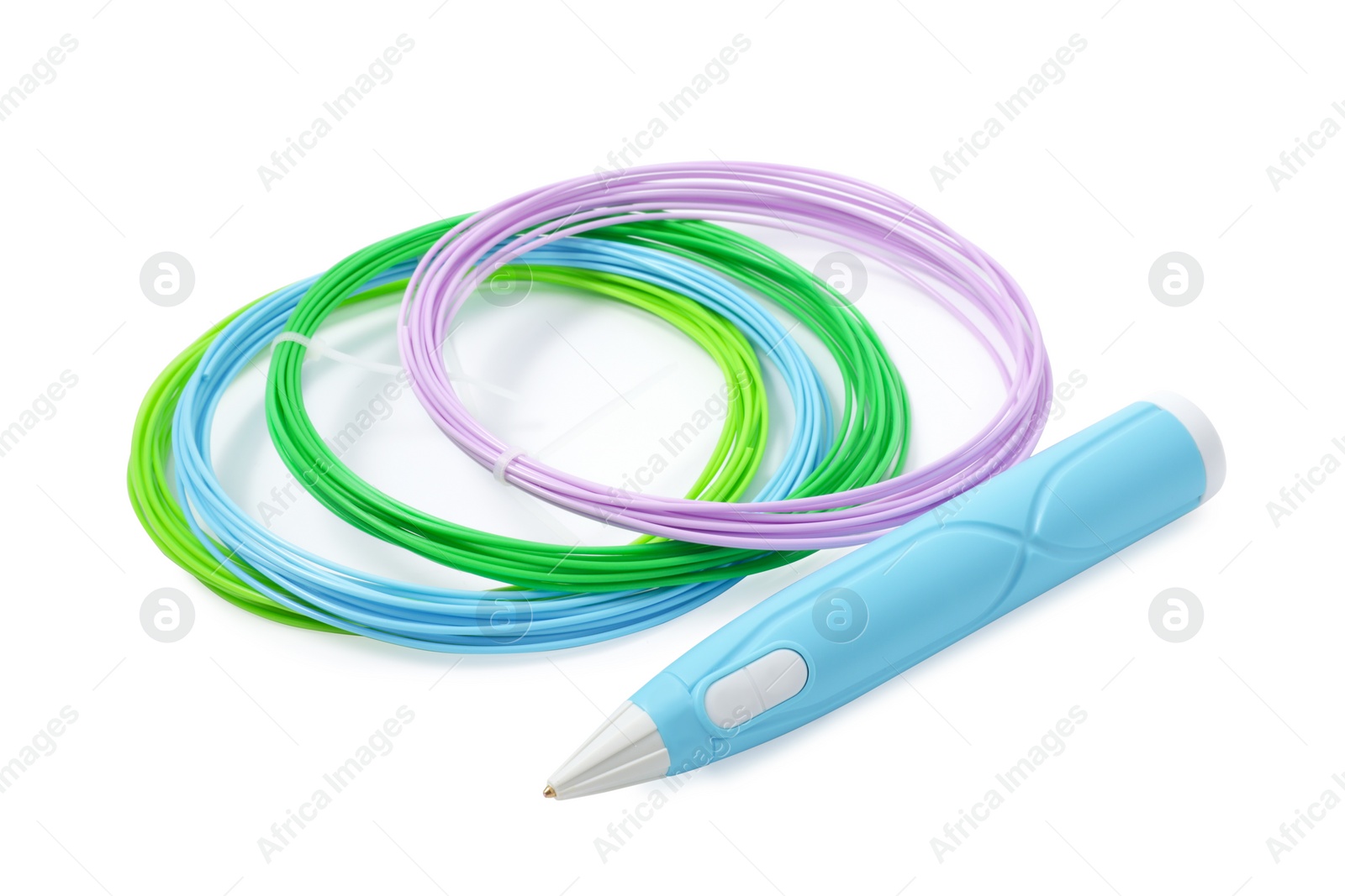 Photo of Stylish 3D pen and colorful plastic filaments on white background