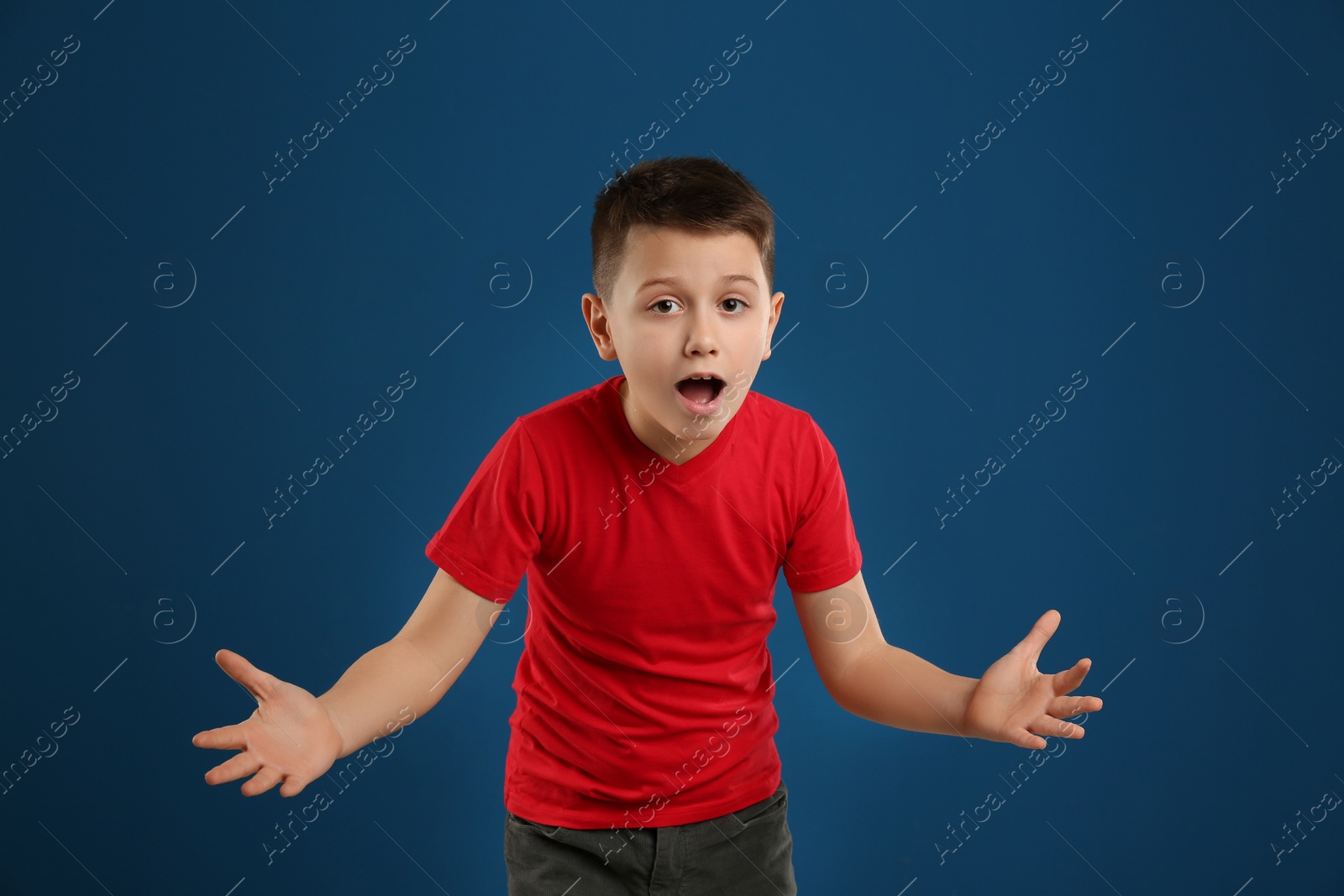 Photo of Portrait of emotional preteen boy on blue background