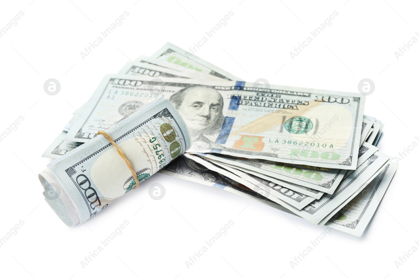 Photo of Many dollar banknotes on white background. American national currency