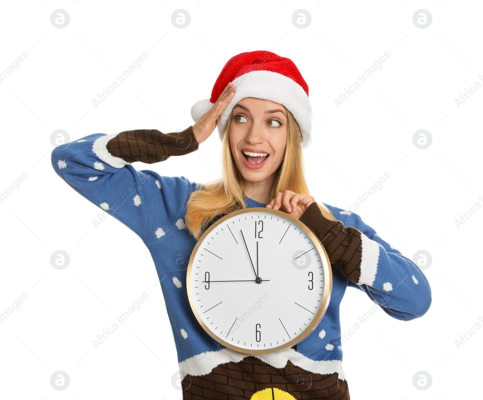 Photo of Woman in Santa hat with clock on white background. New Year countdown