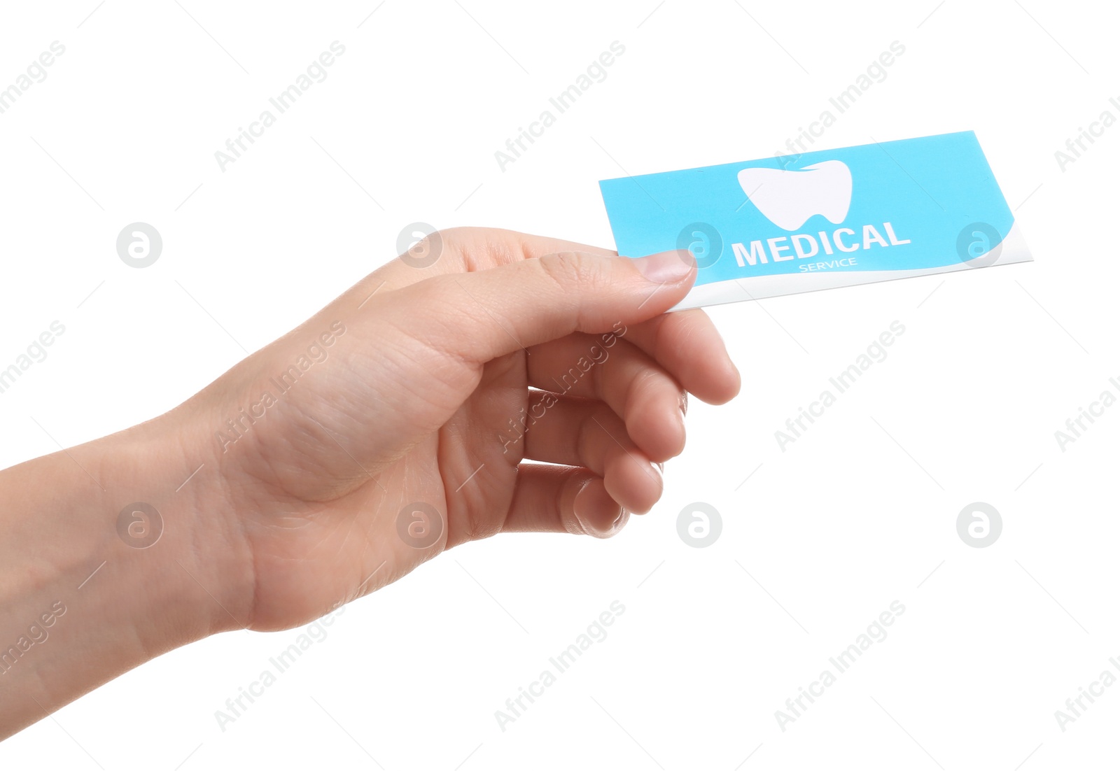 Photo of Woman holding business card isolated on white, closeup. Dental medical service