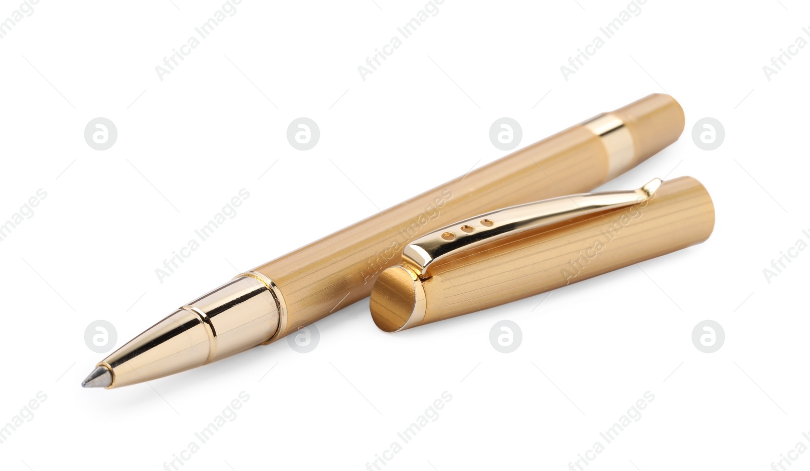 Photo of New stylish golden pen isolated on white, closeup