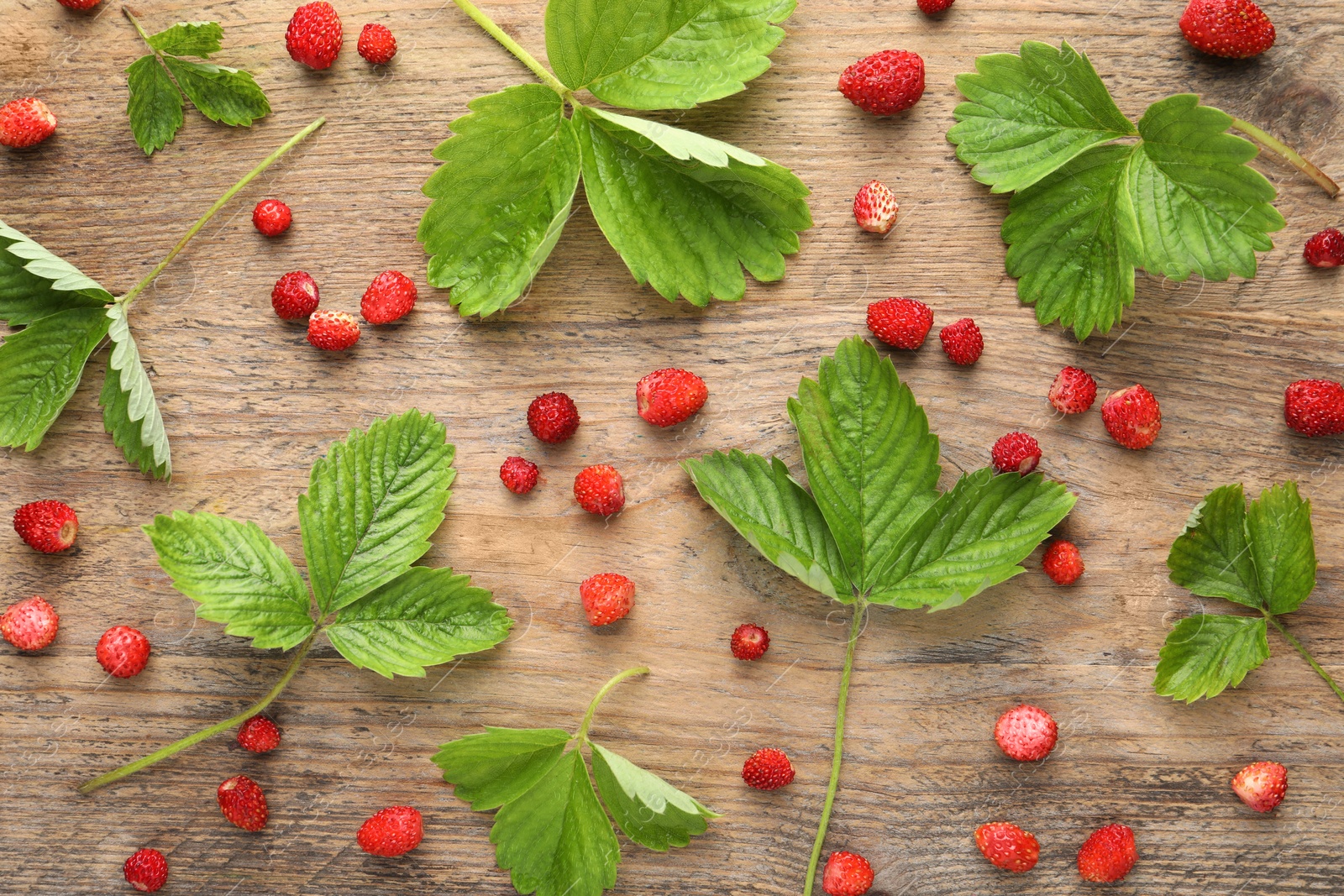 Photo of Many fresh wild strawberries and leaves on wooden table, flat lay