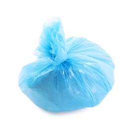 Photo of Blue plastic garbage bag isolated on white