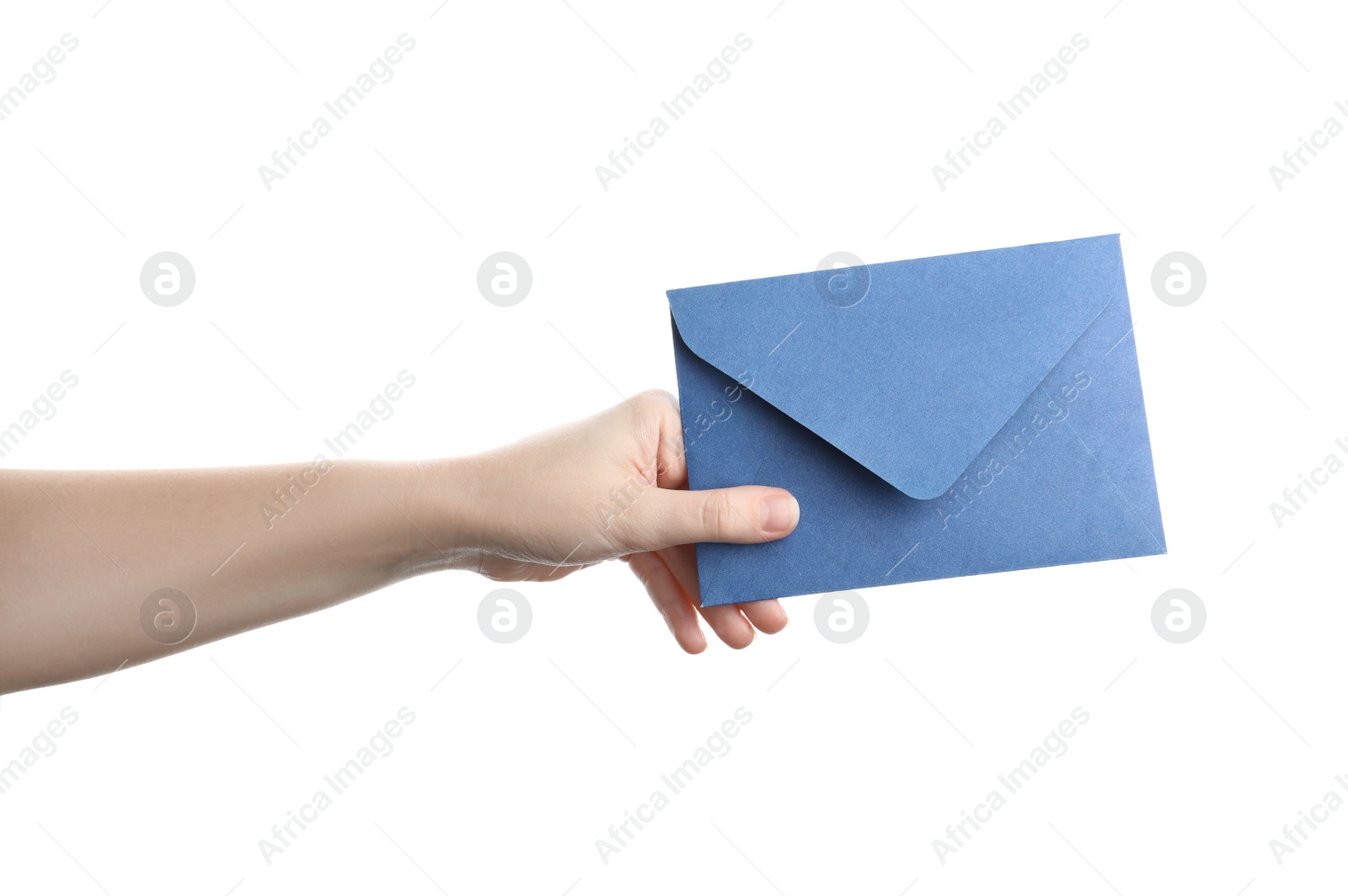 Photo of Woman holding blue paper envelope on white background, closeup