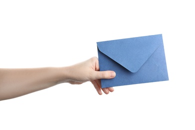 Photo of Woman holding blue paper envelope on white background, closeup