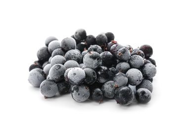 Photo of Heap of tasty frozen black currants on white background