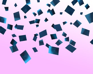 Shiny blue confetti falling on gradient violet background