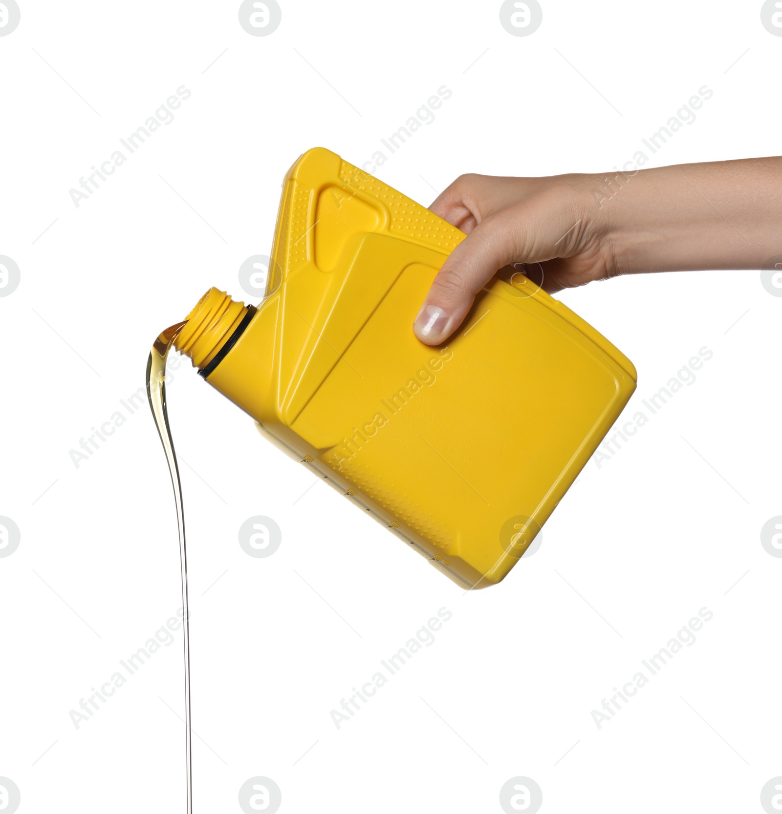 Photo of Man pouring motor oil from yellow container on white background, closeup