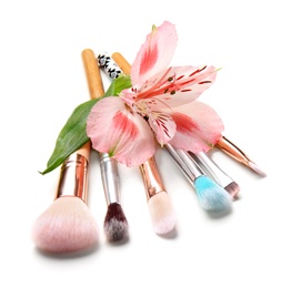 Makeup brushes of professional artist with flower on white background