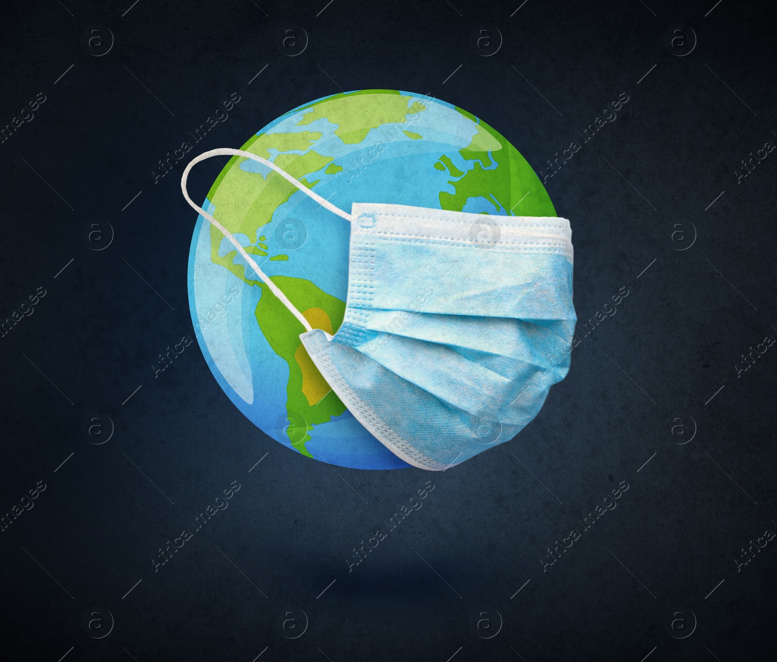 Image of Illustration of Earth with medical mask on black background. Coronavirus outbreak